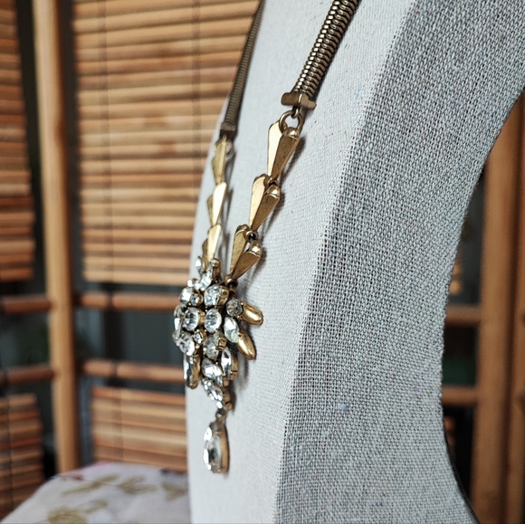 J. Crew Art Deco Revival Brass Tone Clear Stone Statement Necklace Reproduction - Picture 5 of 16